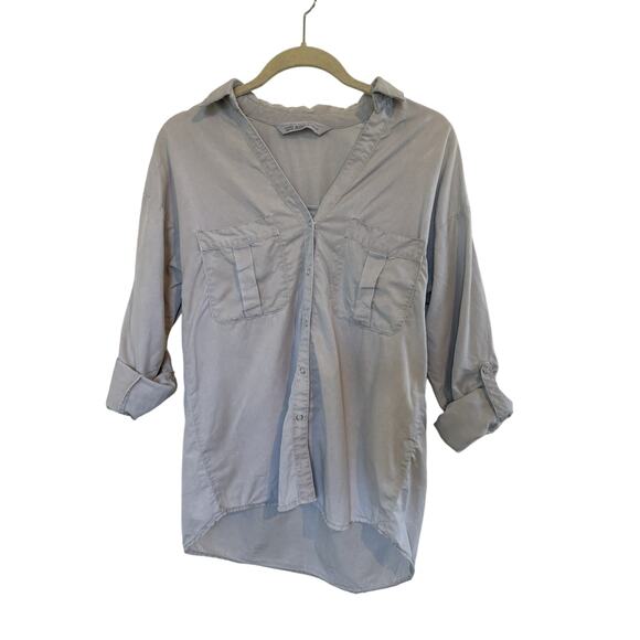 Zara Grey Oversized Button Down Denim Top XS Chambray Minimalist Casual - Picture 1 of 6